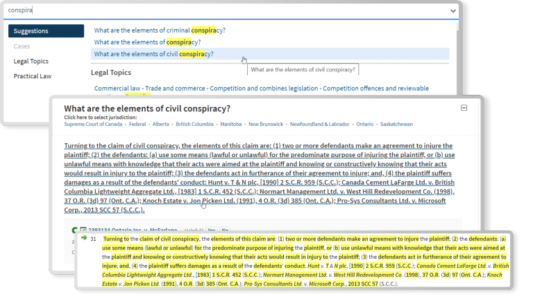 Westlaw Edge Canada, "what are the elements of civil conspiracy" common query example screenshot.