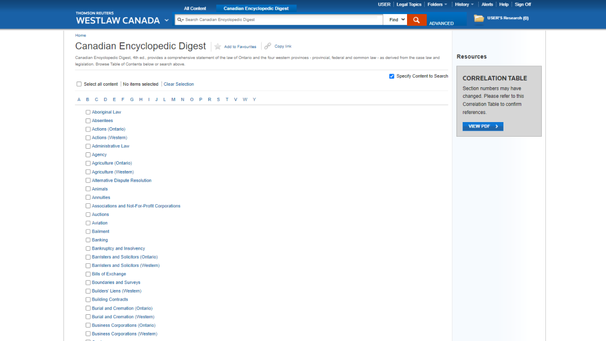 A product screenshot that displays the Canadian Encyclopedic Digest collection, including topics such as Aboriginal Law, Administrative Law, Building Contracts, and many more.