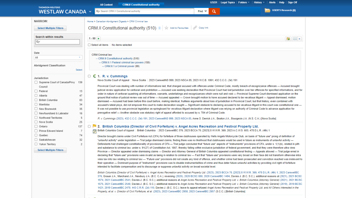 A product screenshot showing an example of the Canadian Abridgment, highlighting the depth of content and Jurisdiction filter options in the left panel.