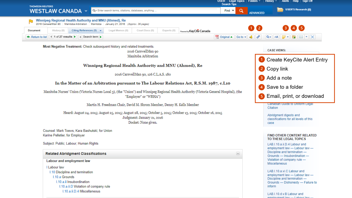 A product screenshot showing the buttons users click to Create a KeyCite Alert Entry, Copy a Link, Add a Note, Save to a Folder, and Email, Print, or Download.